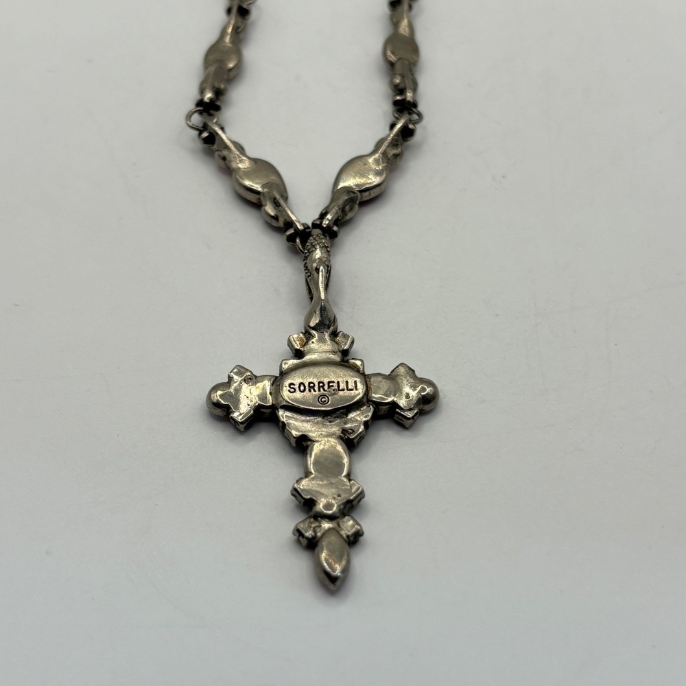 Vintage Sorrelli Cross Necklace Pink Red Crystal 14.5" - Picture 6 of 10